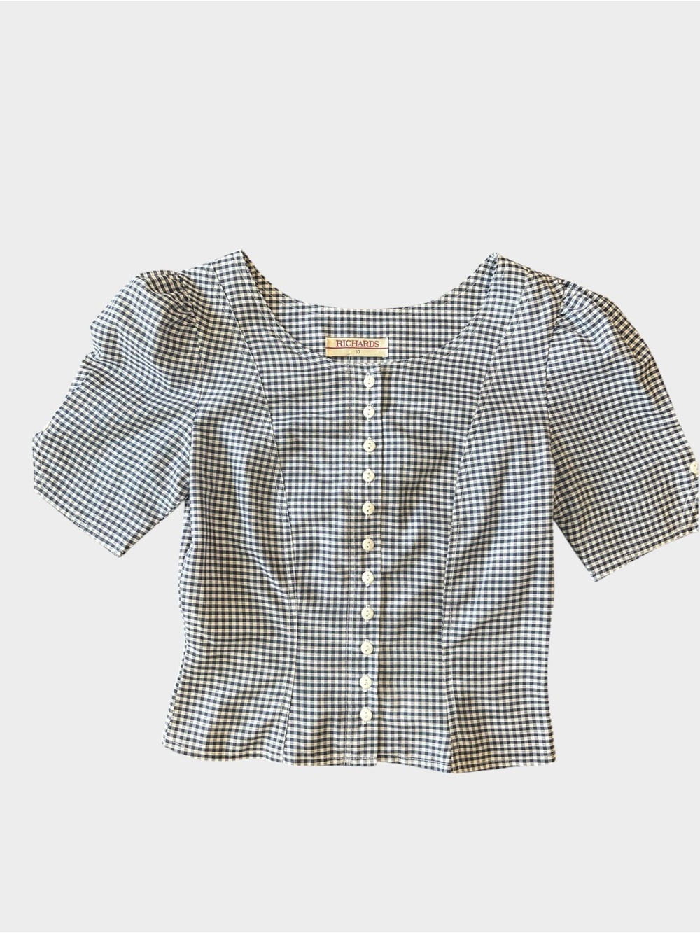 Vintage Richards Navy Gingham Puff Sleeve Button Blouse UK 10 US 6